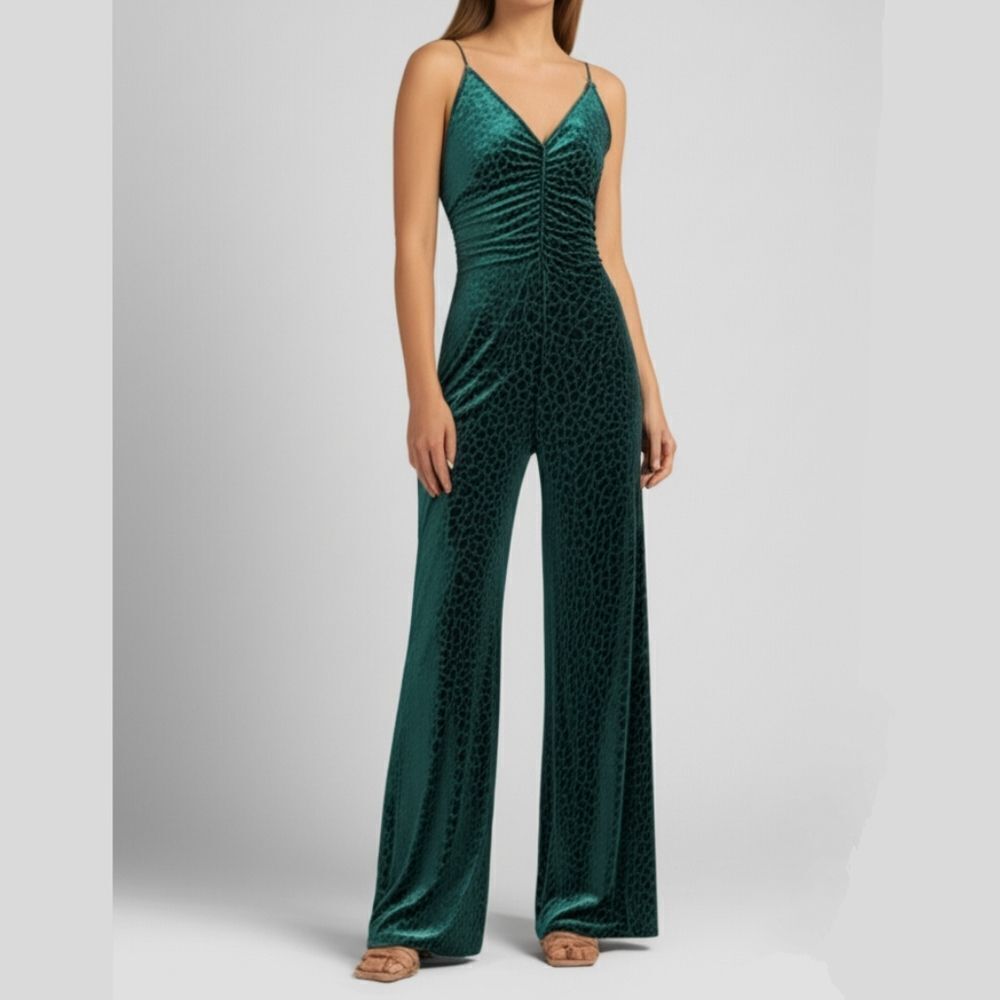Miss Avenue Green Velvet Burnout leopard animal backless Cutout jumpsuit M